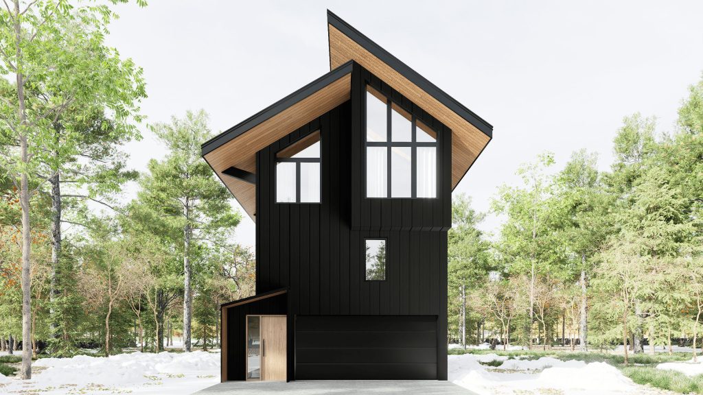 Rendering of a chalet bedroom with a large window, wooden beams, and forest view